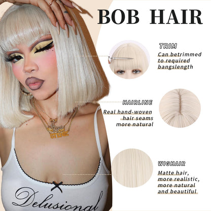 SUKRI Blonde Bob Wig with bangs Platinum Blonde Wigs for Women Heat Resistant Synthetic Wigs Daily Party Halloween Costume Use(12Inch)