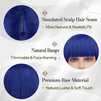 BARSDAR Blue Short Bob Wig With Bangs - Short Blue Bob Wig With Bangs for Women - 12 Inch Chin-Length Natural Looking Soft Synthetic Hair Replacement Party Halloween Sadness Costume Wigs