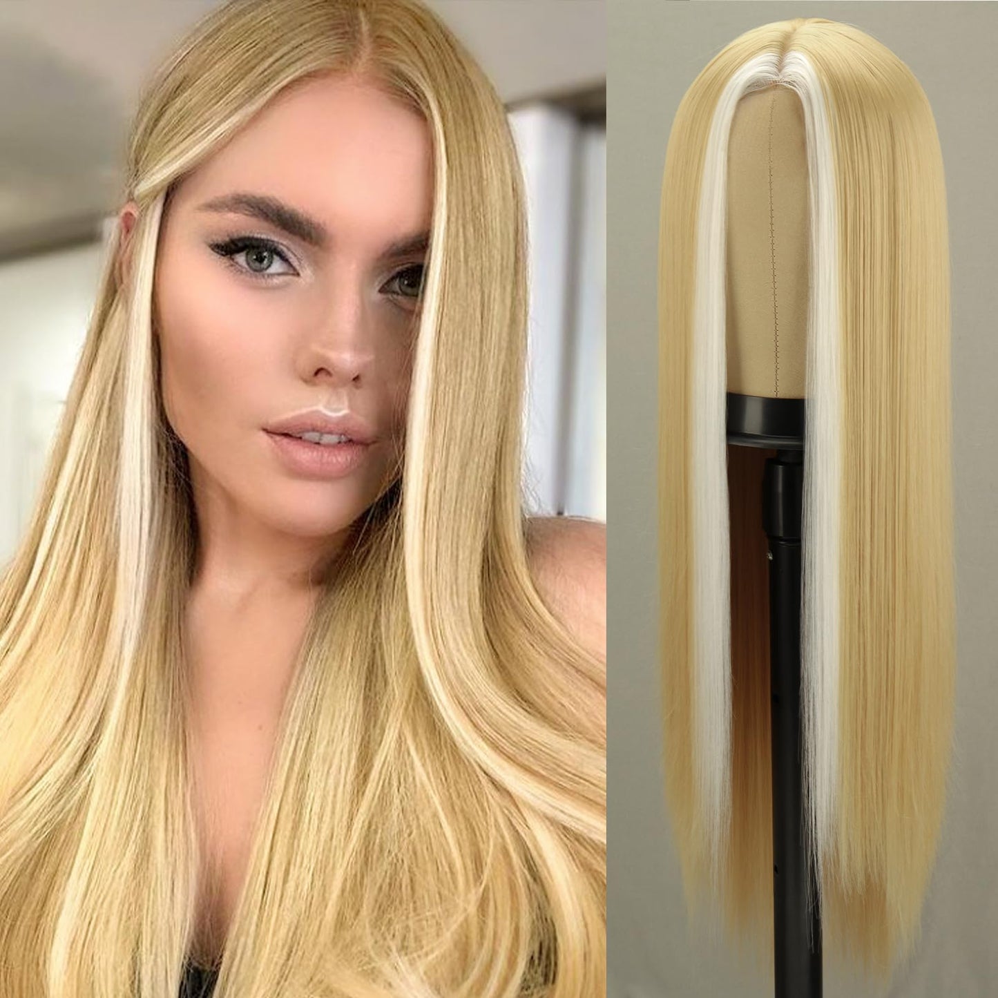 Xinran Long Blonde Wigs For Women Light Blonde and White with Highlights Lace Wig Middle Part Hairline Synthetic Full Wig Natural Looking Daily Use 30 Inch