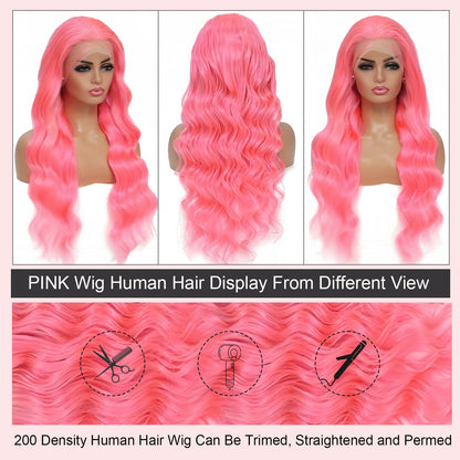 AAY Pink Wig Human Hair 13x4 HD Lace Front Wigs Human Hair Pre Plucked Body Wave Wig Human Hair Colored 200 Density Lace Frontal Glueless Wigs Human Hair For Women 24 Inch