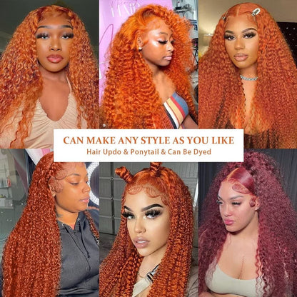 Daules Ginger Curly Lace Front Wigs Human Hair Deep Wave for Women 13x4 HD Transparent Pre Plucked Curly Wigs 180% Density Orange Colored Glueless Wig Super Soft True to length 34 Inch