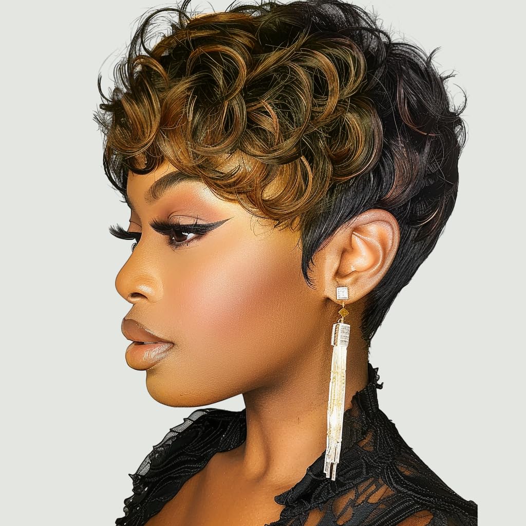 MUJGOO Short Curly Pixie Cut Wigs for Black Women Black Ombre Brown 6inch Short Pixie Wigs for Black Women With Bangs (Black and brown)