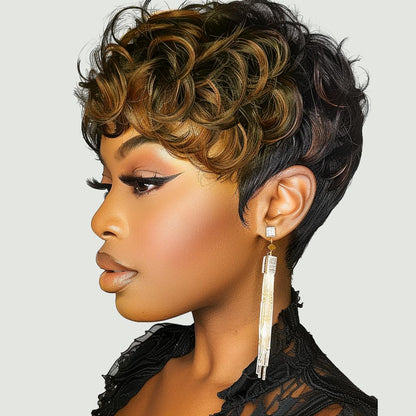 MUJGOO Short Curly Pixie Cut Wigs for Black Women Black Ombre Brown 6inch Short Pixie Wigs for Black Women With Bangs (Black and brown)