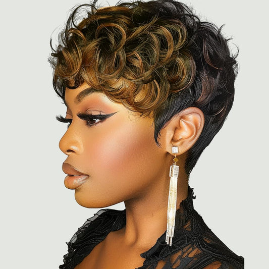 MUJGOO Short Curly Pixie Cut Wigs for Black Women Black Ombre Brown 6inch Short Pixie Wigs for Black Women With Bangs (Black and brown)