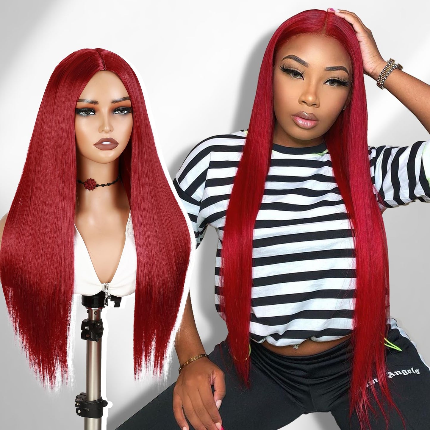 WIGER Red Wigs For Women Long Straight Red Hair Wig Middle Part Synthetic Colored Mermaid Cosplay Wig No Lace Nature Looking Girls Red Costume Full Wigs