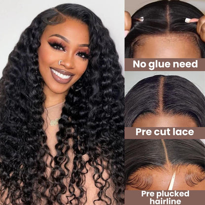 Wear and Go Glueless Wigs Human Hair Pre Plucked Pre Cut Deep Wave Lace Front Wigs 200 Density 5x5 HD Lace Closure Wigs Human Hair No Glue Ready to Wear Wig for Beginner (natural color, 18 inch)