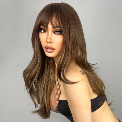 N NAYASA Brown Wigs with Bangs Long Layered Wigs for Women Brown Mixed Blonde Synthetic Wig Heat Resistant Natural Looking Wigs for Daily Party Use