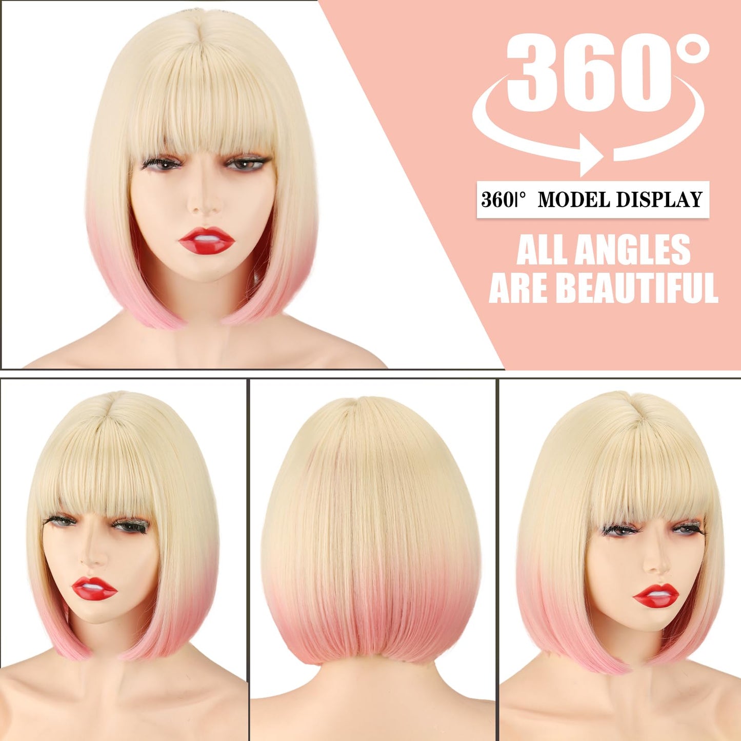 WERD Short Blonde Pink Bob Wig for Women Ombre Wig With Bangs Synthetic Straight Blonde mixed Pink Bob Hair for Daily Party Cosplay
