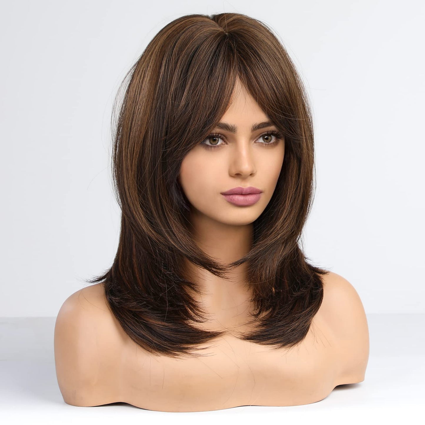 Alanhair Brown Wigs for Women,HAIRCUBE Long Layered Wigs with Bangs Heat Resistant Synthetic Fibre Wigs