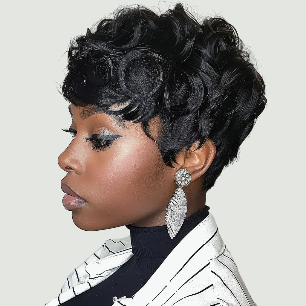MUJGOO Natural Black Pixie Cut Wig for Black Women Synthetic Pixie Wigs Curly Short Wigs for Black Women Black Layered Wig with Bangs Wavy Short Curly Wig(Black)