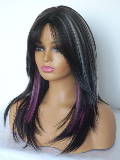 Layered Wigs for white women black white with purple wig medium length wigs for women Synthetic wig for white Women (Black white purple)