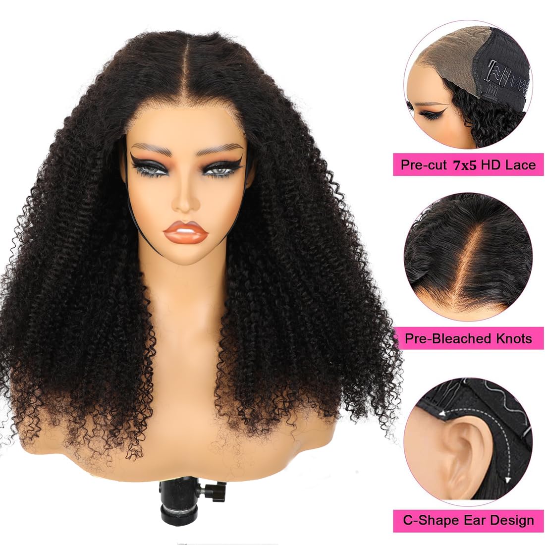ISEE Wear and Go Glueless Wig Afro Kinky Curly Lace Front Wigs Human Hair 7x5 HD Lace Afro Curly Wigs for Women Lace Pre Cut Glueless Wigs Human Hair Pre Plucked 16 Inch