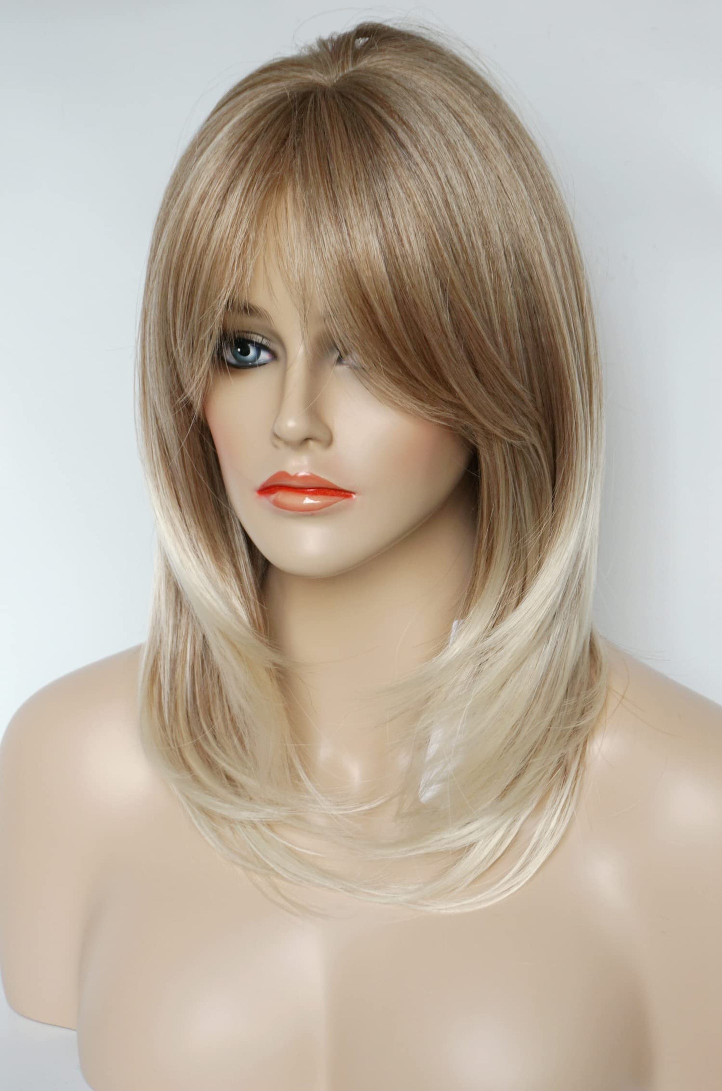 Medium Length Layered Golden Blonde Wigs with dark roots Highlights wigs Layered wig with bangs Synthetic wig Highlight for white Women (Golden blonde)