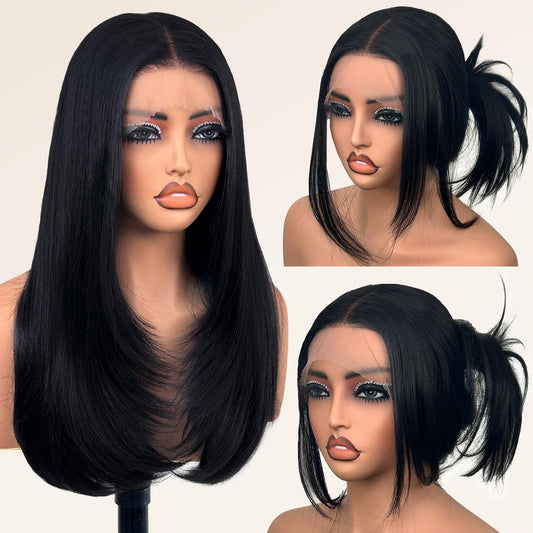 Glueless Synthetic Lace Front Wig 26 Inches Long Straight Black Wigs for Black Women 13x5x1 HD Lace Hand Tied Pre Plucked Hairline (#1B Natural Black, 26 Inch)