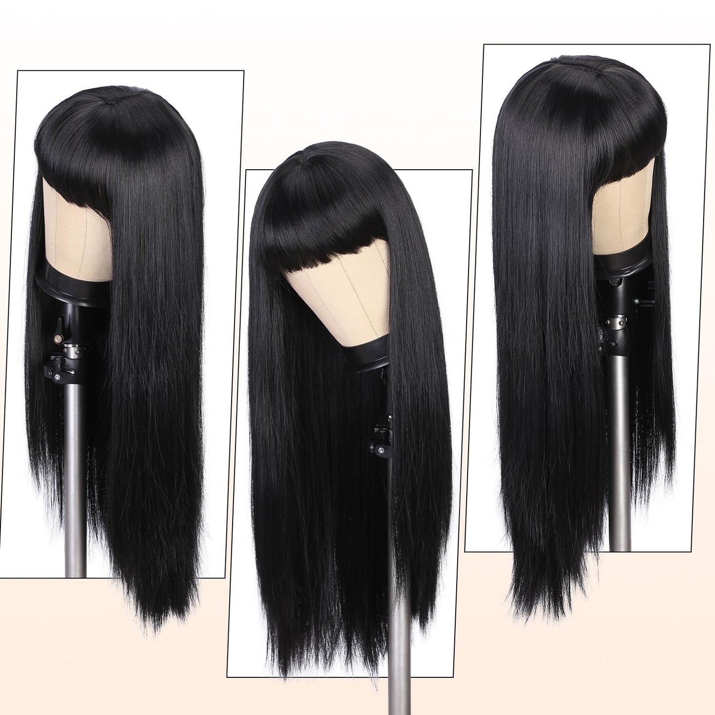 WIGER Long Black Wigs with Bangs Straight Black Hair Dye Wig for Women Long Bangs wig Full Black Cosplay Wig for Girls Synthetic Heat Resistant Natural Hair for Daily or Costumes (1B with Bangs)