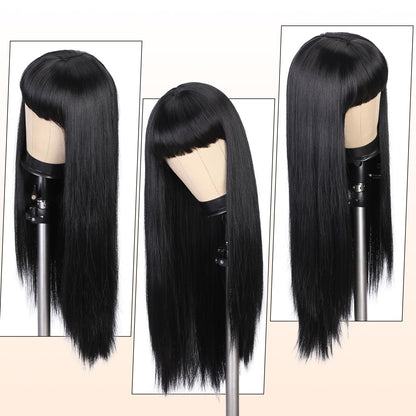 WIGER Long Black Wigs with Bangs Straight Black Hair Dye Wig for Women Long Bangs wig Full Black Cosplay Wig for Girls Synthetic Heat Resistant Natural Hair for Daily or Costumes (1B with Bangs)