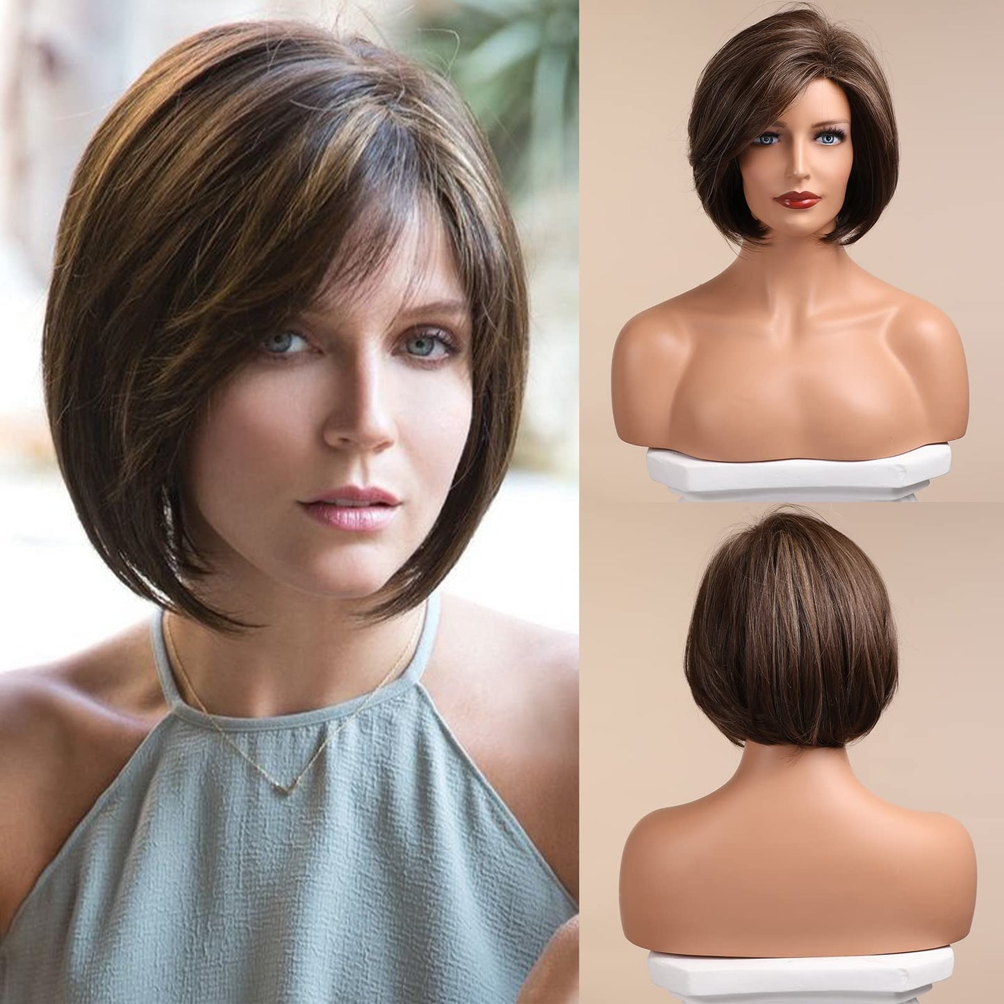 HAIRCUBE Brown Bob Wig Short Hair Wigs for Women Highlight Heat Resistant Fibre Synthetic Wig Natural Looking 10 Inch