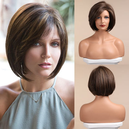 HAIRCUBE Brown Bob Wig Short Hair Wigs for Women Highlight Heat Resistant Fibre Synthetic Wig Natural Looking 10 Inch