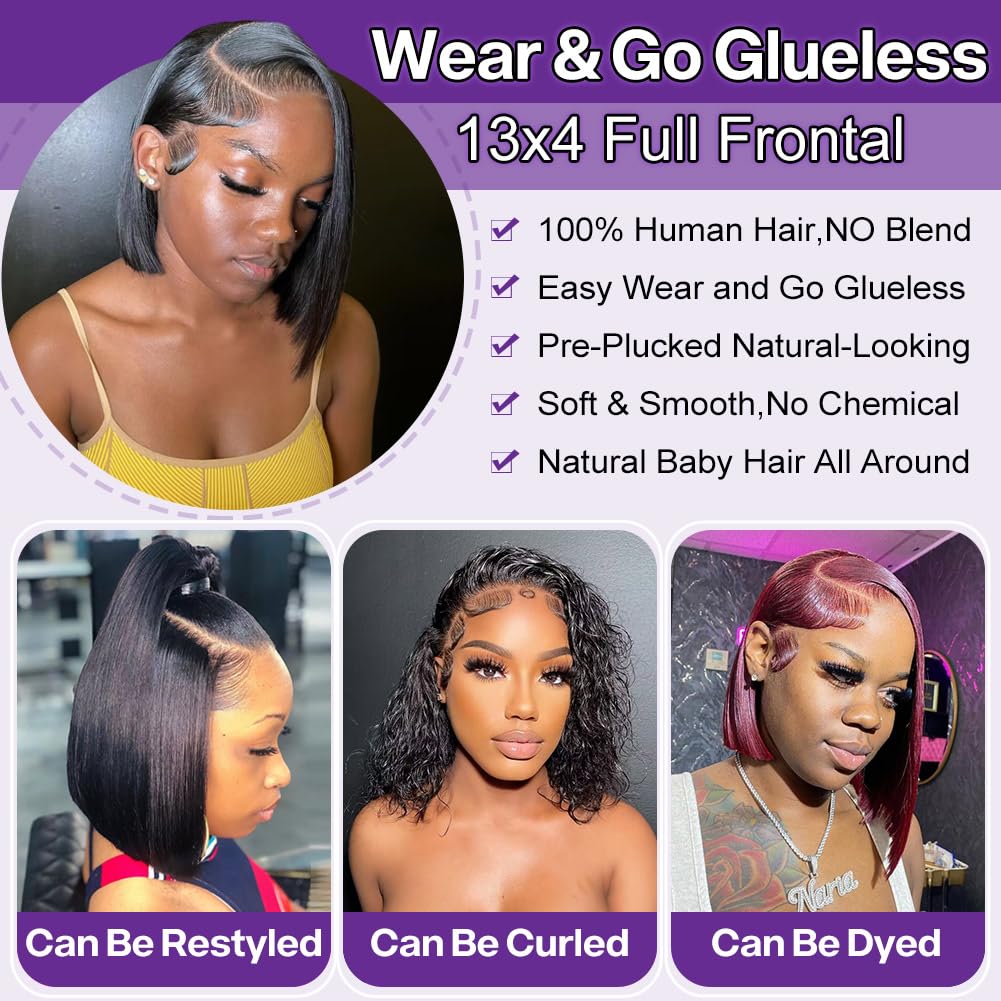 HIRIREMY Bob Wig Human Hair 13x4 HD Lace Frontal Short Straight Lace Front Bob Wigs for Black Women Human Hair Pre Plucked Glueless Side Part 180% Density Black Color 12 Inch