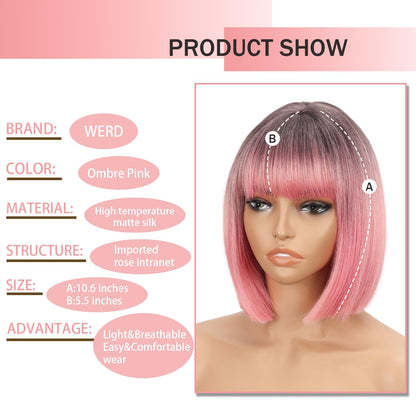 WERD Short Pink Bob Wig for Women Ombre Pink Wig With Bangs Synthetic Hair Straight Pink Bob Wig for Daily Party Cosplay