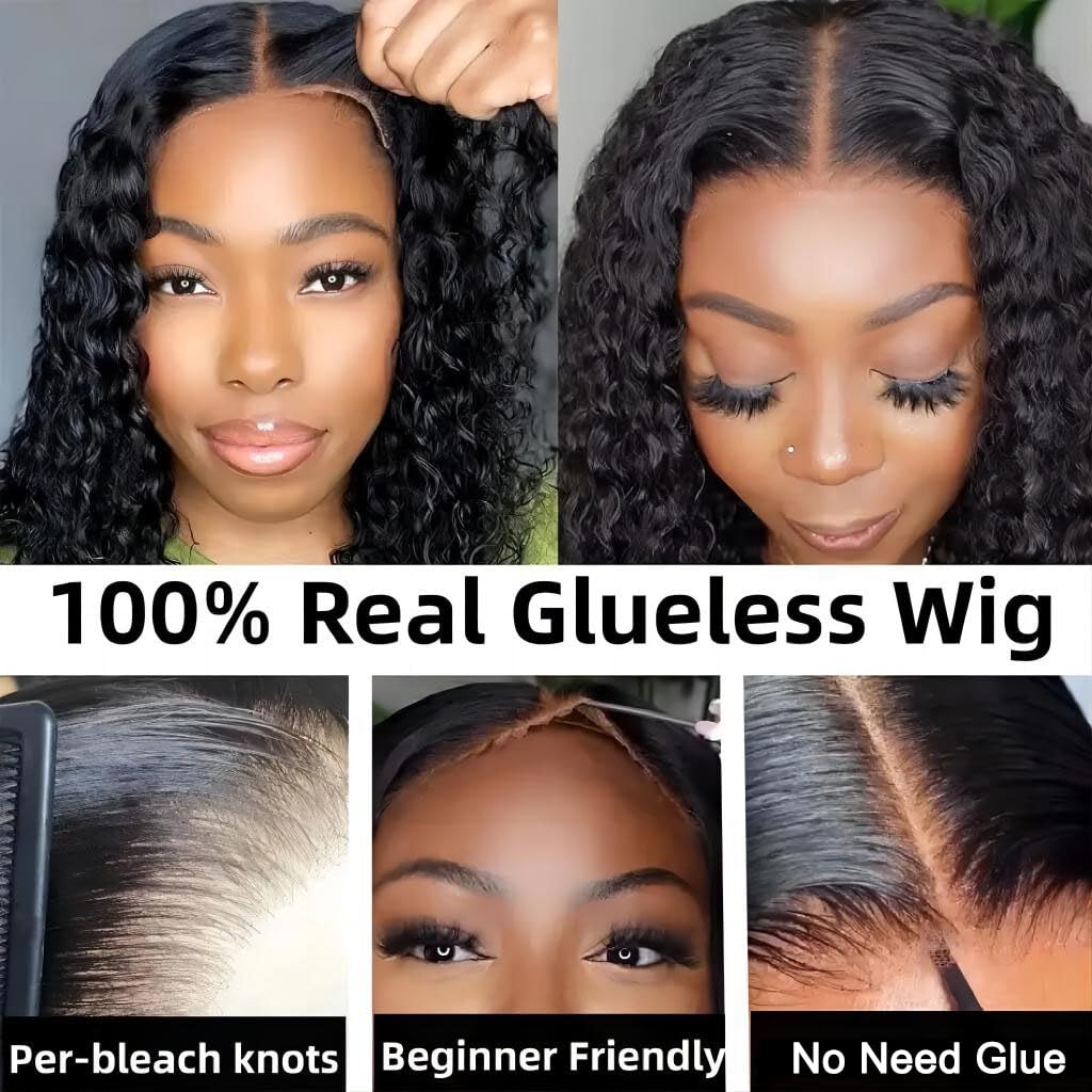 ISEE Wear and Go Glueless Wigs Human Hair Pre Plucked Deep Wave Bob Wig Human Hair Lace Front Wigs for Women Upgraded No Glue Pre Cut 6x4 Lace Closure Glueless Wigs for Black Women Human Hair 16 Inch