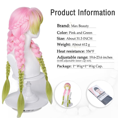 Max Beauty Anime Pink and Green Wig for Mitsuri Cosplay Braided Hair Wig with Pigtails Halloween Party + Cap