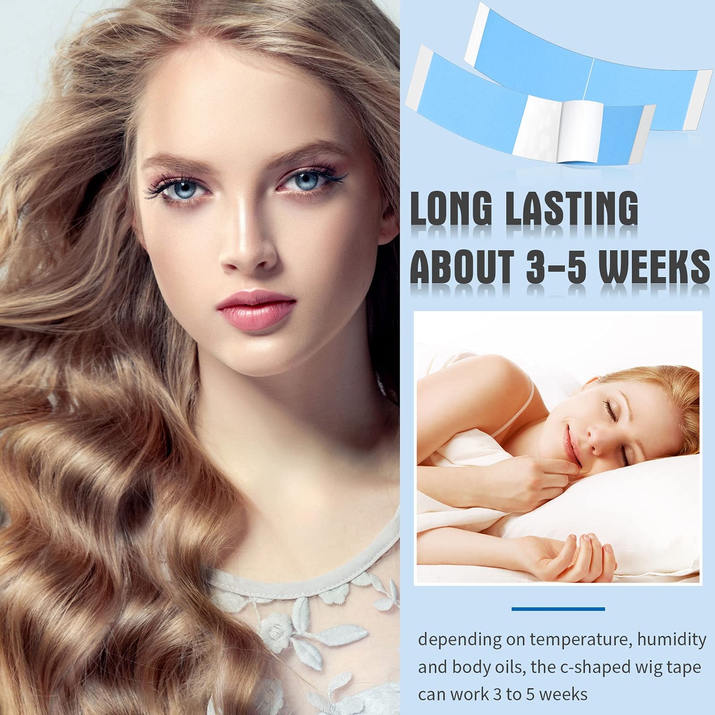 Maitys 120 Pieces Lace Front Wig Tape Double Sided Adhesive Waterproof C-Shaped for Long Short No Hair Wigs Toupees Pieces and Extension(Blue)