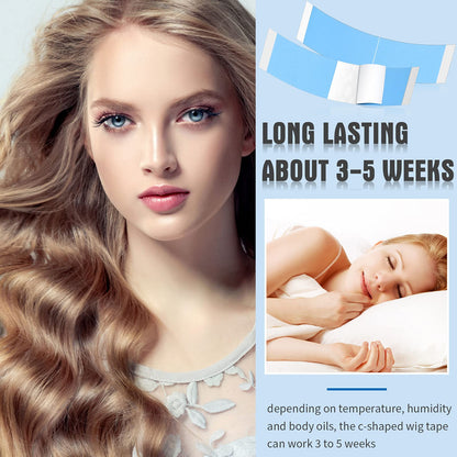 Maitys 120 Pieces Lace Front Wig Tape Double Sided Adhesive Waterproof C-Shaped for Long Short No Hair Wigs Toupees Pieces and Extension(Blue)