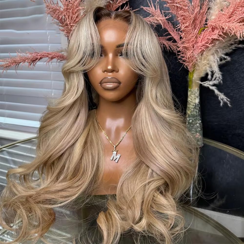 CIYOO 200% Density Milk Tea Ombre Ash Blonde Lace Front Wig Human Hair Upgrades 13x6 Body Wave Lace Front Wig for Women Hd Invisible Frontal Pre Plucked Ombre Blonde Human Hair Wig 22 Inch