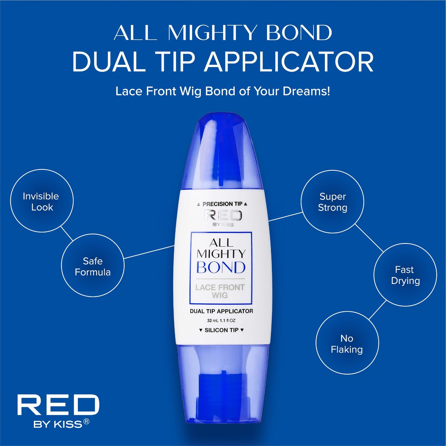 Red by Kiss All Mighty Bond Lace Front Wig Glue, Dual Tip Applicator, Instant Drying, Water Resistant, Strong Hold for Wigs, Frontals, Toupees, Safe for Sensitive Skin