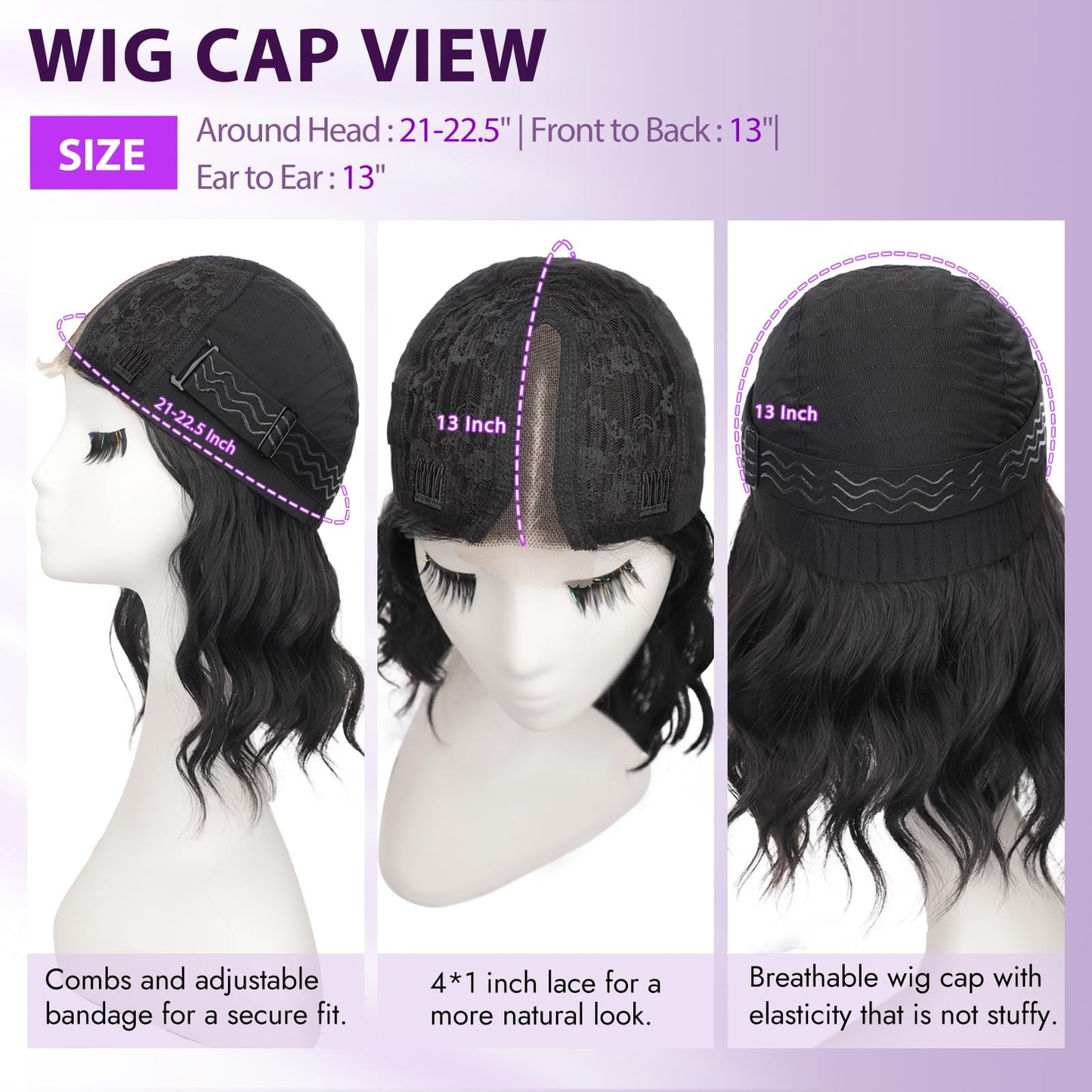 Eawwii Black Short Wavy Wig for Women Lace Hairline Bob Style Synthetic Heat Resistant - Natural Appearance for Everyday Hairstyle 14 Inch