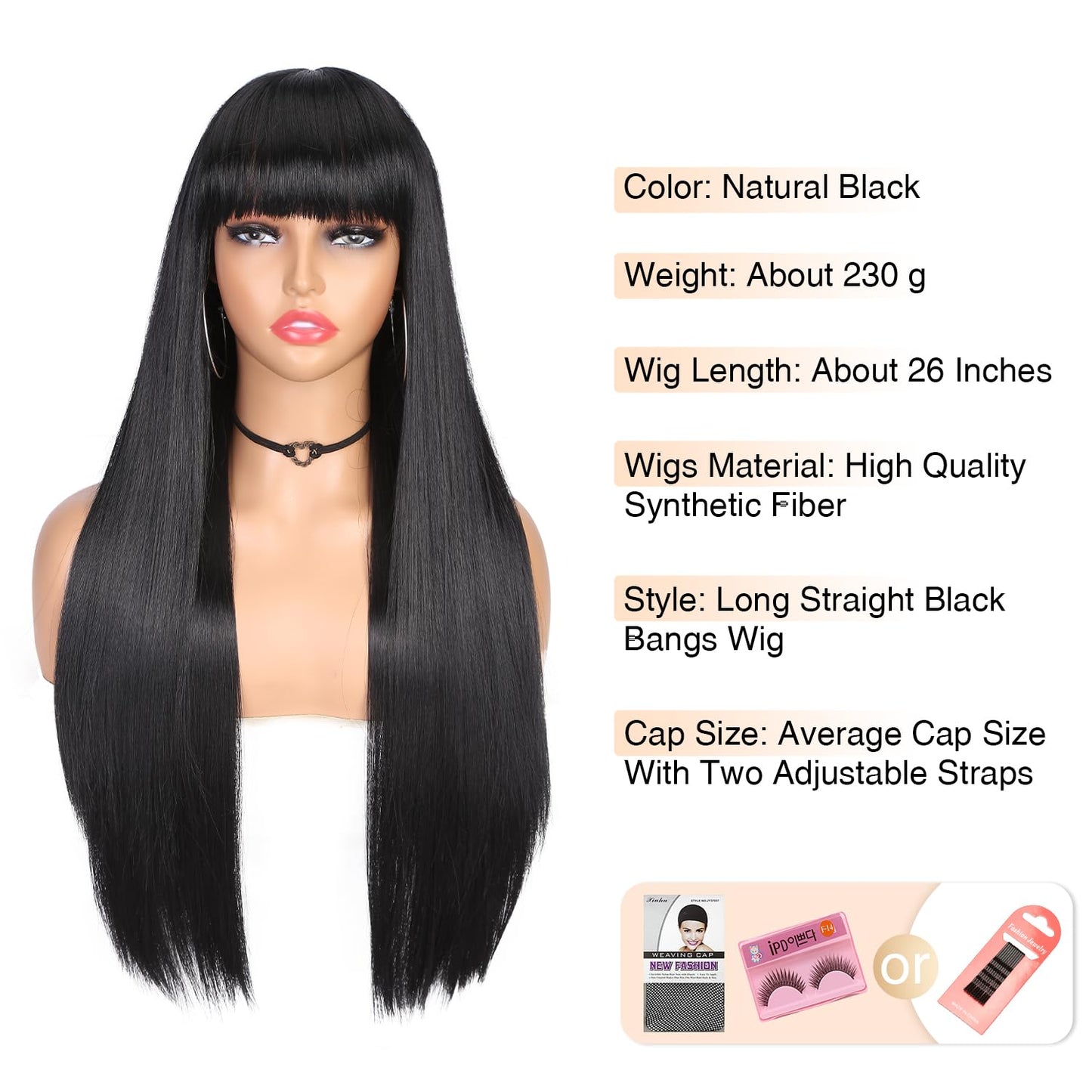 WIGER Long Black Wigs with Bangs Straight Black Hair Dye Wig for Women Long Bangs wig Full Black Cosplay Wig for Girls Synthetic Heat Resistant Natural Hair for Daily or Costumes (1B with Bangs)
