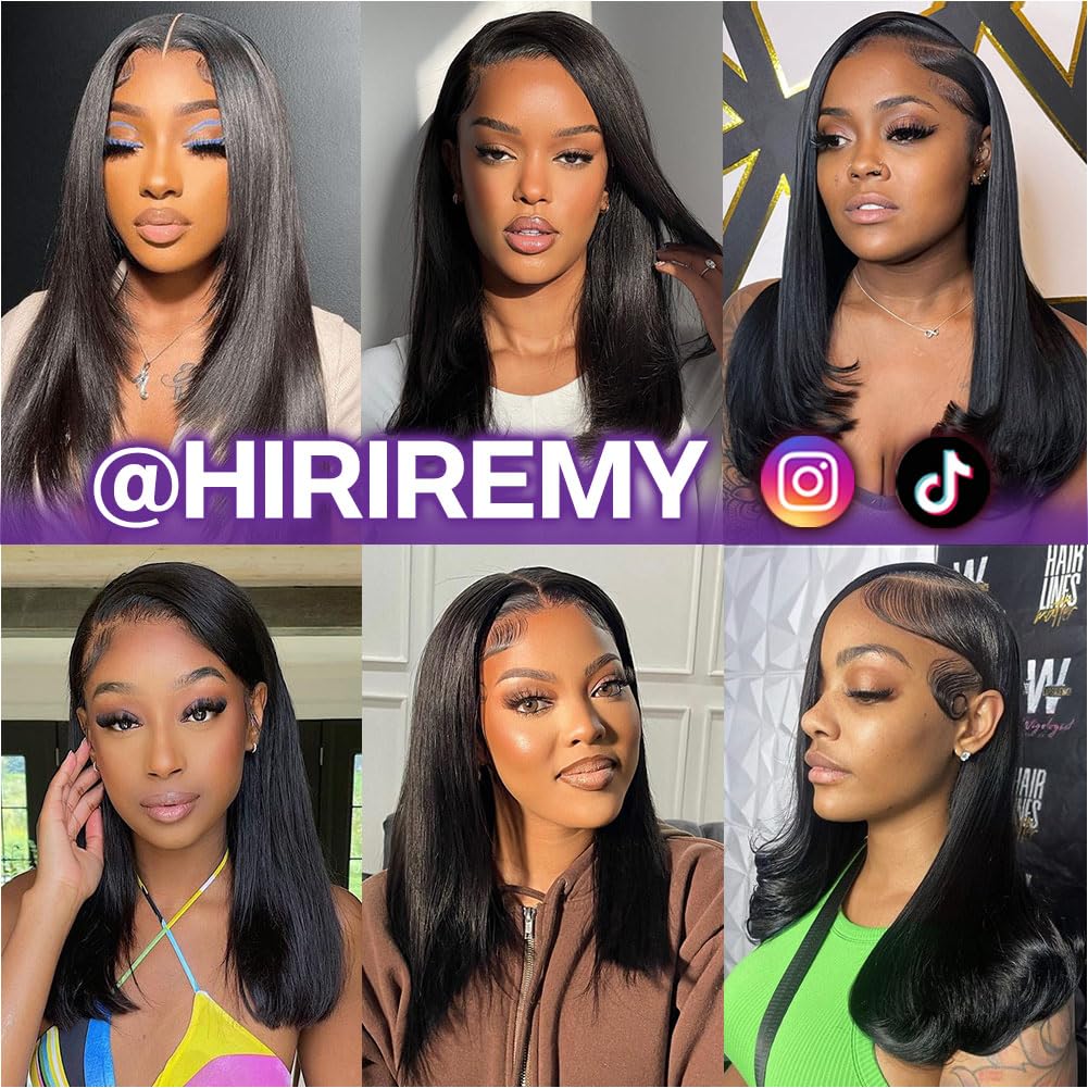 HIRIREMY Bob Wig Human Hair 13x4 HD Lace Frontal Short Straight Lace Front Bob Wigs for Black Women Human Hair Pre Plucked Glueless Side Part 180% Density Black Color 18 Inch