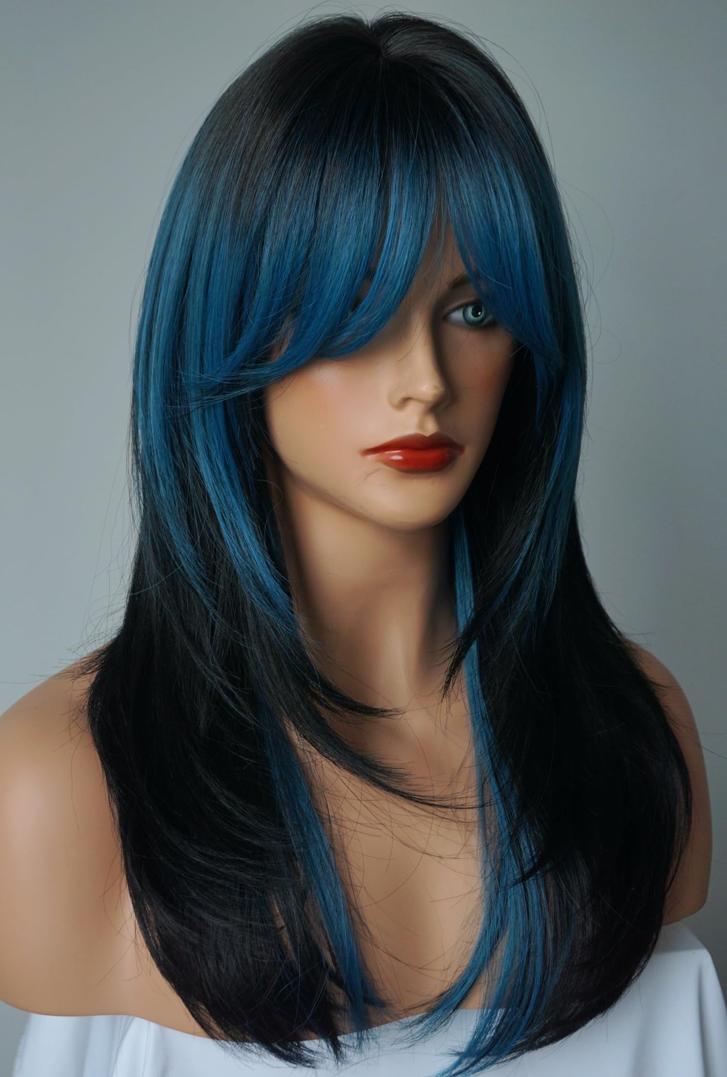 Long Layered Shoulder Length Blue Black wig Synthetic Hair Fiber Highlight Multicolor Wigs for White Women