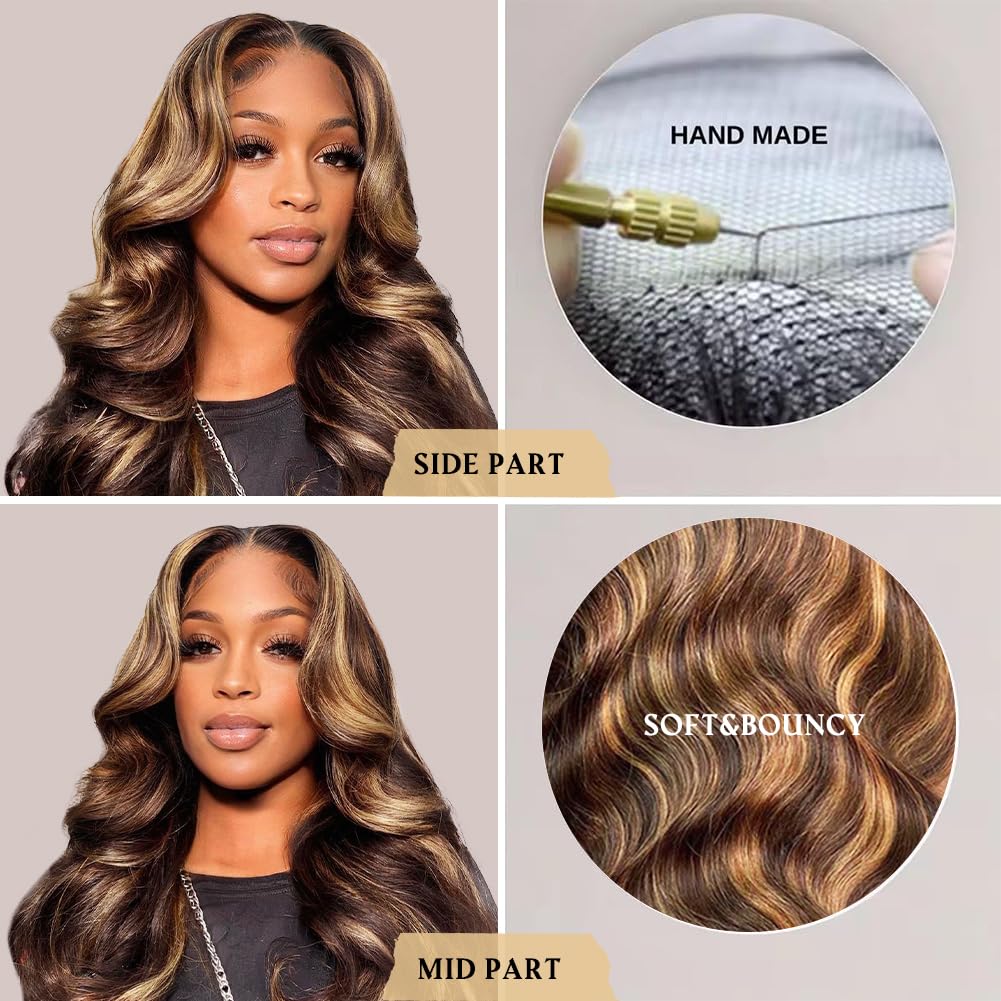 32Inch Highlight Ombre Lace Front Wig Human Hair 13x4 Blonde Highlight Body Wave Lace Front Wigs Human Hair 4/27 Colored Deep Wave Wig 200% Density Honey Blonde With Frontal Wigs For Women