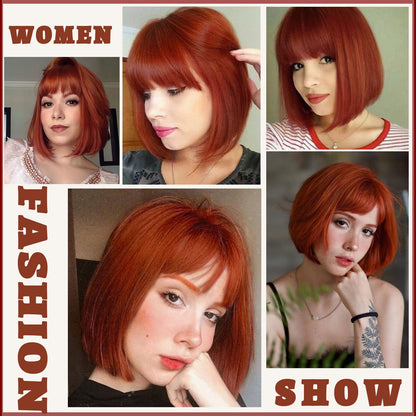 WERD Auburn Red Wig Bangs, Short Red Bob Wig for Women, Auburn Bob with Bangs for Daily Party Cosplay