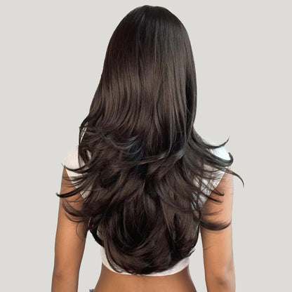 N NAYASA Dark Brown Wig with Bangs Brown Wigs for Women 24’’ Long Wavy Layered Synthetic Natural Looking Wigs for Daily Party Use