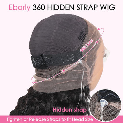 Ebarly Hidden Strap Water Wave 360 Glueless Wigs Human Hair Pre Plucked 180 Density Wet and Wavy HD Full Lace Frontal Drawstring Wig with baby hair (18 inch)