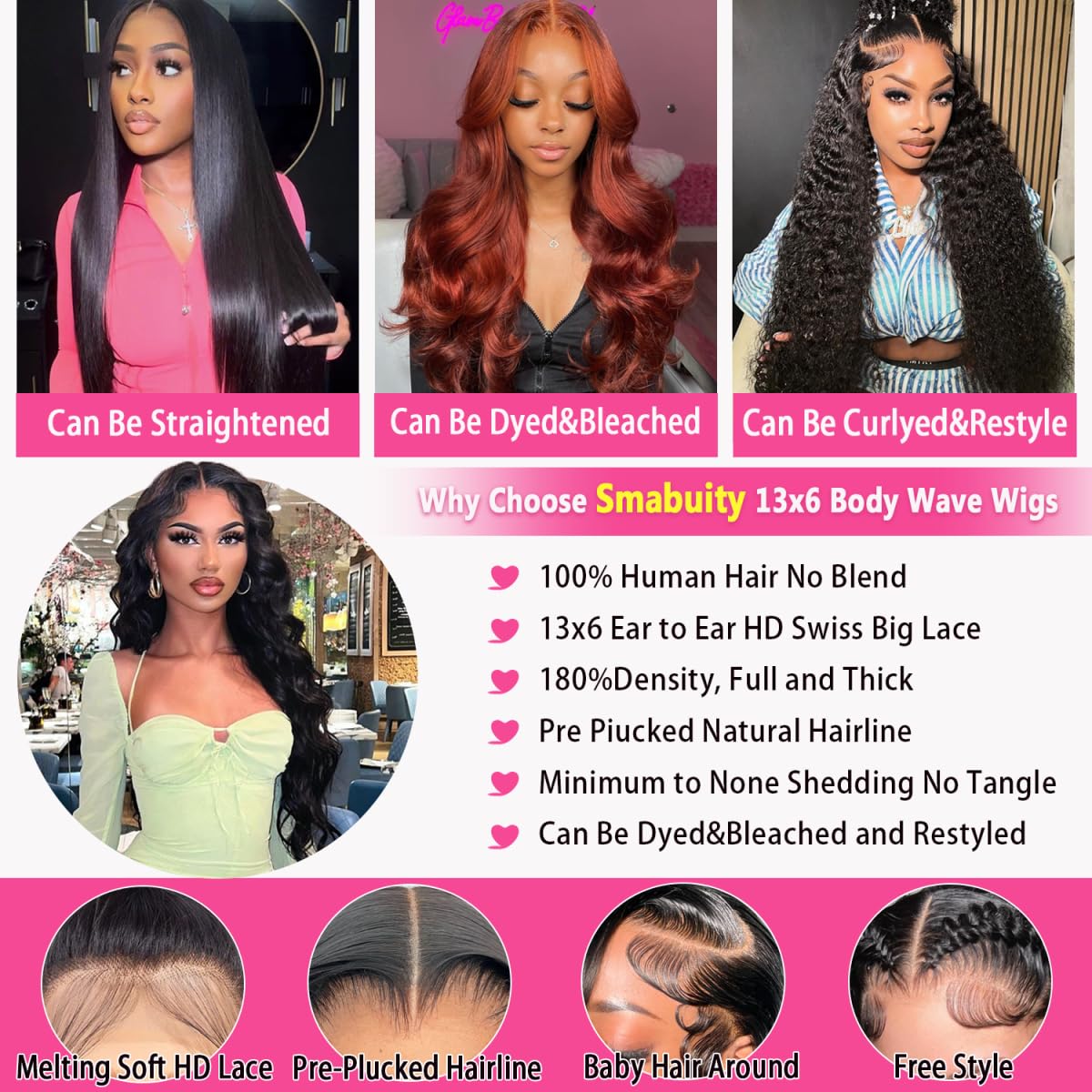 Smabuity 13x6 Body Wave Lace Front Wigs Human Hair Pre Plucked HD Transparent Lace Frontal Wigs Human Hair 180% Density Glueless Human Wigs with Baby Hair for Women 26 Inch
