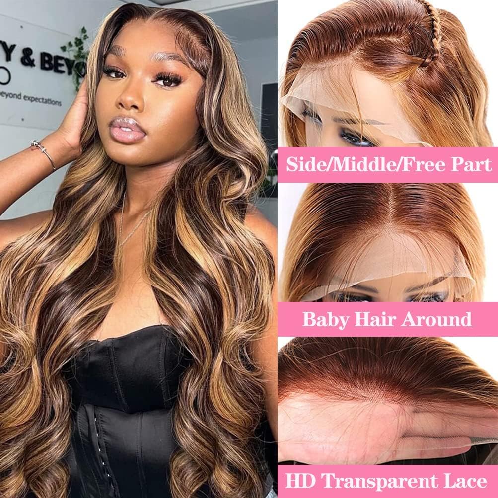 Atilck 360 Lace Front Wigs Human Hair Full Lace Human hair Wigs Ombre Lace Frontal 180 Density 4/27 Colored Honey Blonde 360 HD Transparent Wigs for Black Women (4/27, 12 Inch)