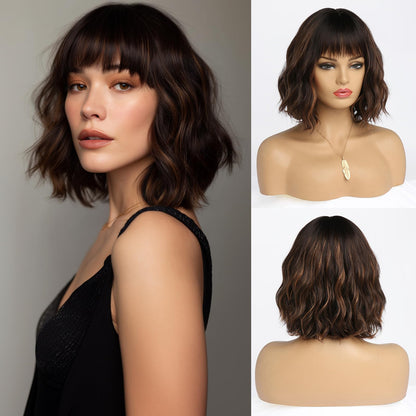 EssionTech Short Dark Brown Wig with Highlight Wigs for Women Brown Mixed Gold Wig Highlights with Bangs Medium Length Synthetic Hair Wavy Bob Wig Colorful Wigs（14 Inches）