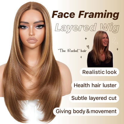BrownBomb Wear and Go Glueless Wigs Pre Plucked Pre Cut for Beginners Honey Blonde Synthetic Lace Front Wigs For Woman Long layered straight Wigs with bangs 427 middle part wig 26 Inch