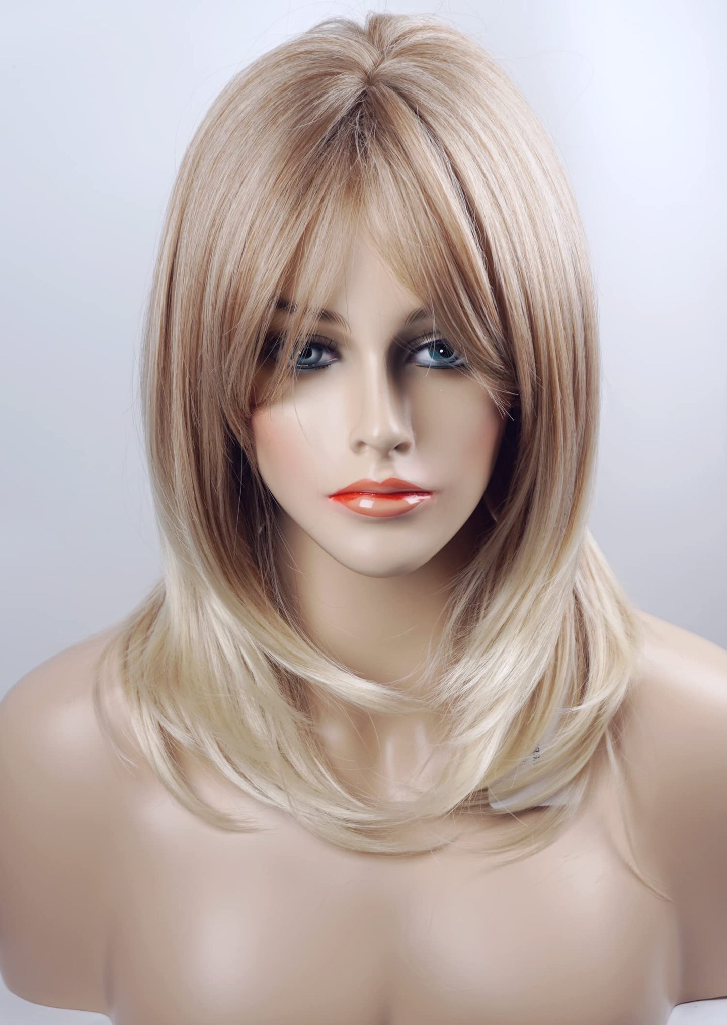 Medium Length Layered Golden Blonde Wigs with dark roots Highlights wigs Layered wig with bangs Synthetic wig Highlight for white Women (Golden blonde)