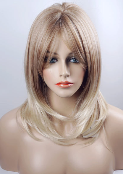 Medium Length Layered Golden Blonde Wigs with dark roots Highlights wigs Layered wig with bangs Synthetic wig Highlight for white Women (Golden blonde)
