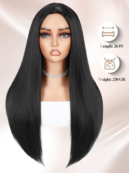 WIGER Long Black Wigs Straight Black Hair Dye Wig for Women Middle Part Synthetic Heat Resistant Natural Hair for Party or Halloween Costume Full Black Wigs for Girls (1B)