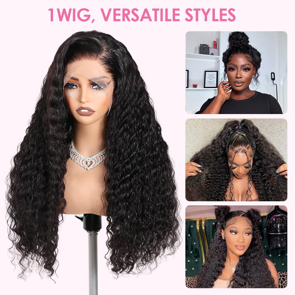 Ebarly Hidden Strap Water Wave 360 Glueless Wigs Human Hair Pre Plucked 180 Density Wet and Wavy HD Full Lace Frontal Drawstring Wig with baby hair(20 inch)