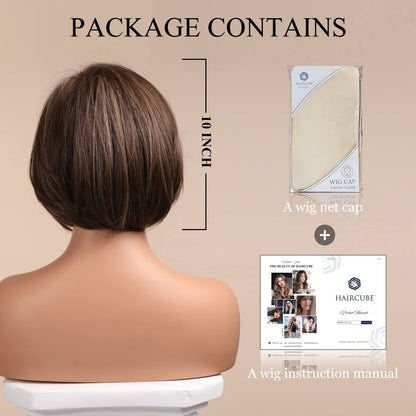 HAIRCUBE Brown Bob Wig Short Hair Wigs for Women Highlight Heat Resistant Fibre Synthetic Wig Natural Looking 10 Inch