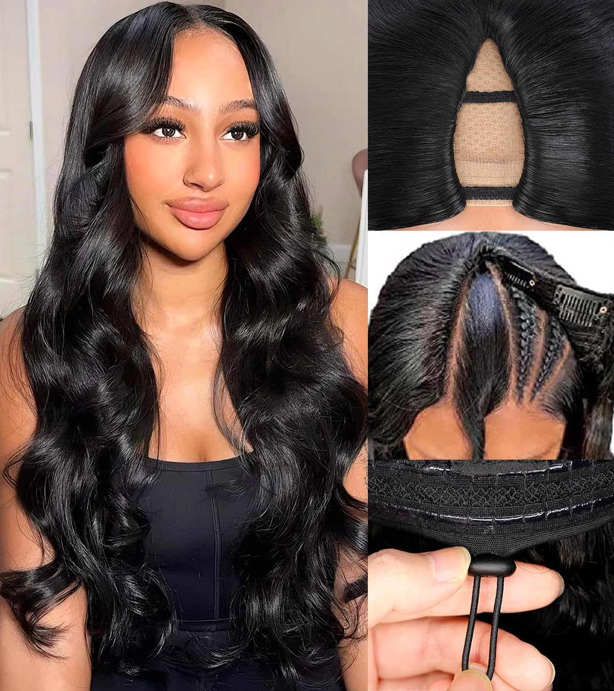 Dosacia V Part Wigs Body Wave Brazilian Virgin Human Hair Wigs For Black Women Upgrade U Part Glueless Wigs Full Head Clip In Half Wig V Shape Wigs No Leave Out Lace Front Wigs 180% Density 16Inch