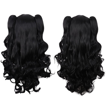 MapofBeauty 28"/70cm Lolita Long Curly Clip on Ponytails Cosplay Wig (Jet Black)
