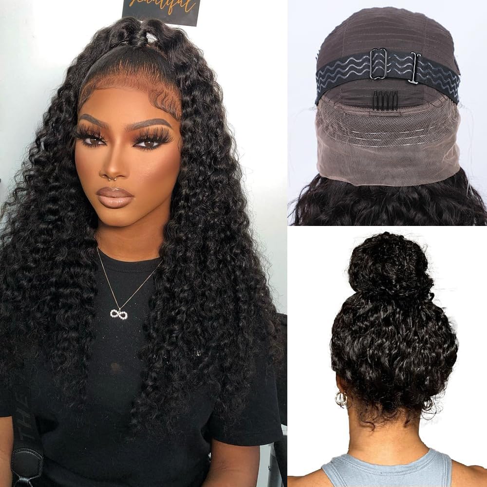 Ebarly Hidden Strap Water Wave 360 Glueless Wigs Human Hair Pre Plucked 180 Density Wet and Wavy HD Full Lace Frontal Drawstring Wig with baby hair(20 inch)